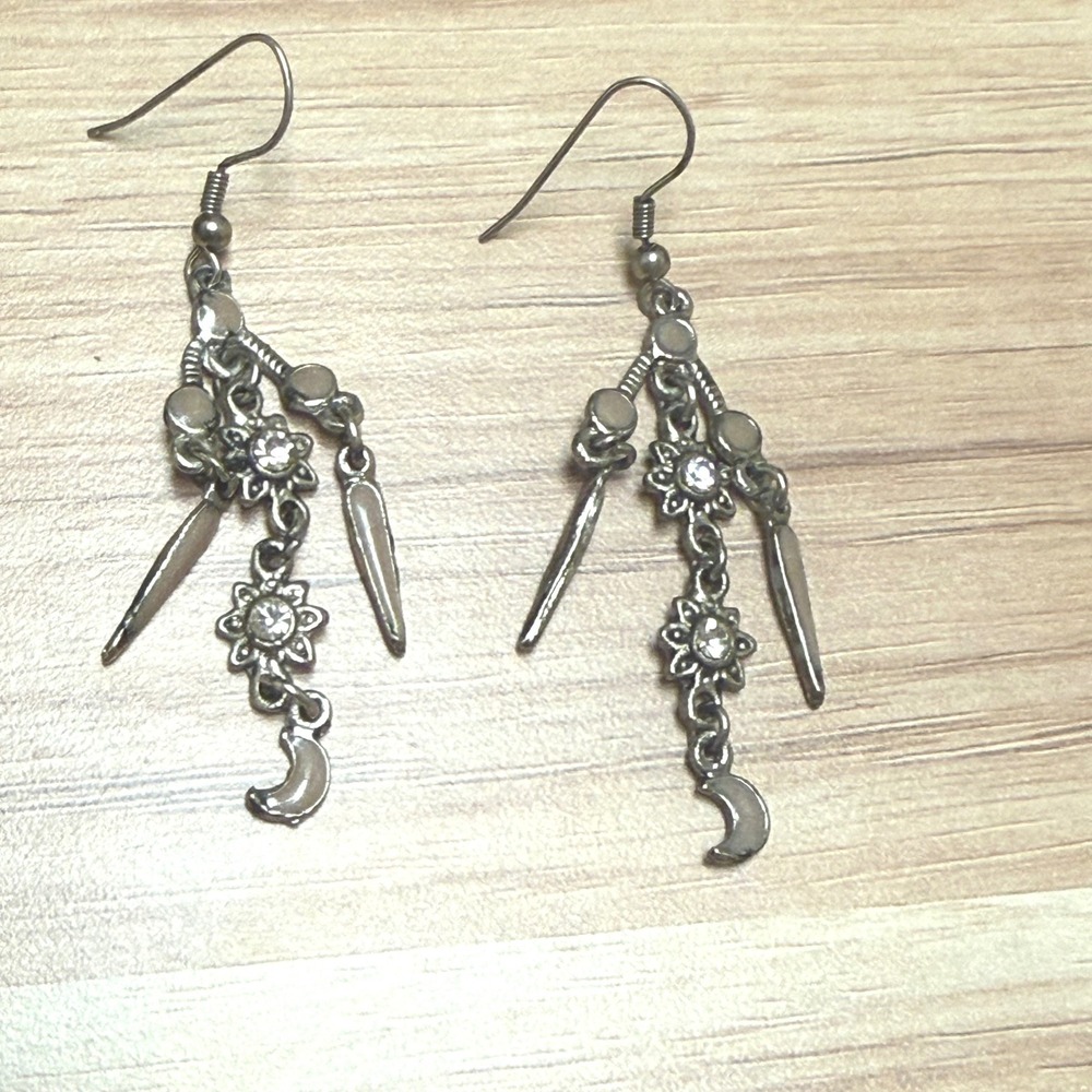 Celestial Sun Moon‎ Gunmetal Chandelier Earrings Enamel Boho Dangle Spikes